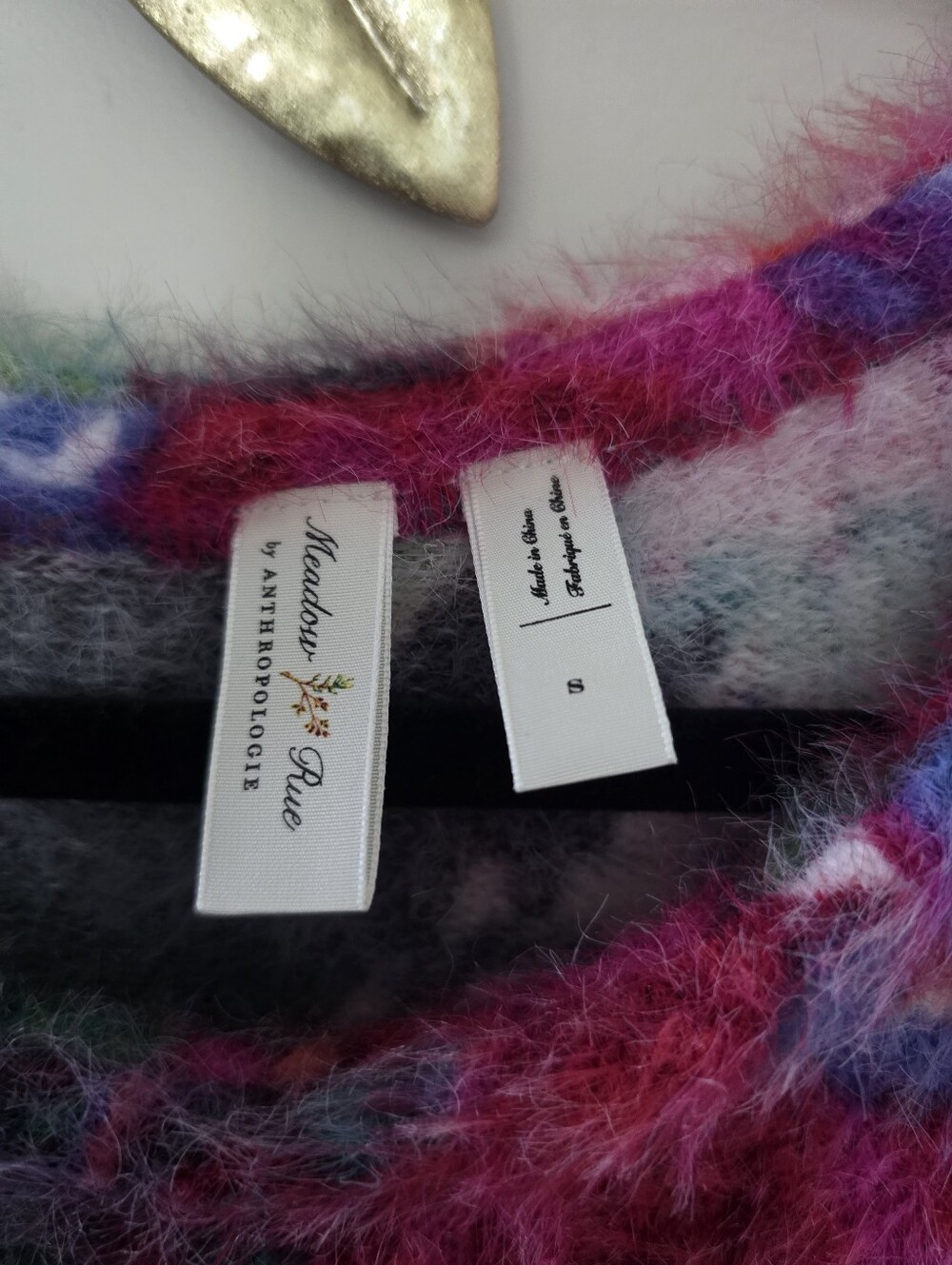 Anthropology Fuzzy Floral Crewneck Sweater - Gray, Pink & Green Sz S - Picture 2 of 9
